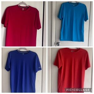 FOUR athletic mens t shirts: red, blue, orange, and teal